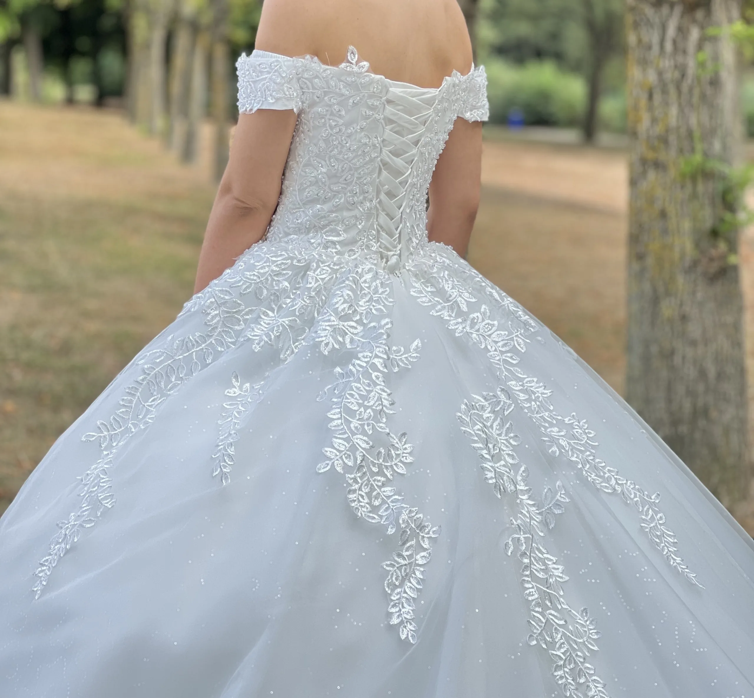 Robe de mariée princesse en dentelle à épaules dénudées – Image 2