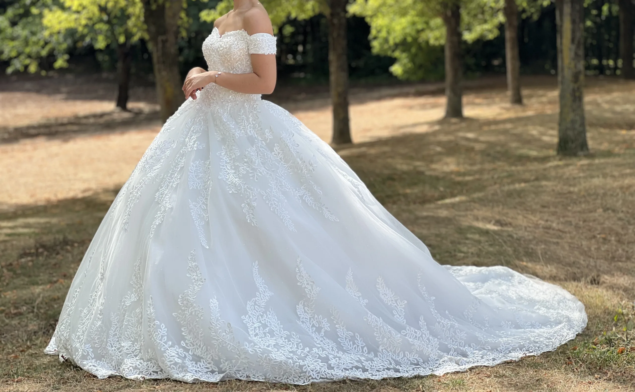 Robe de mariée princesse en dentelle à épaules dénudées – Image 5