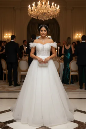 Robe de mariée princesse à bustier perlé et manches tombantes en plumes