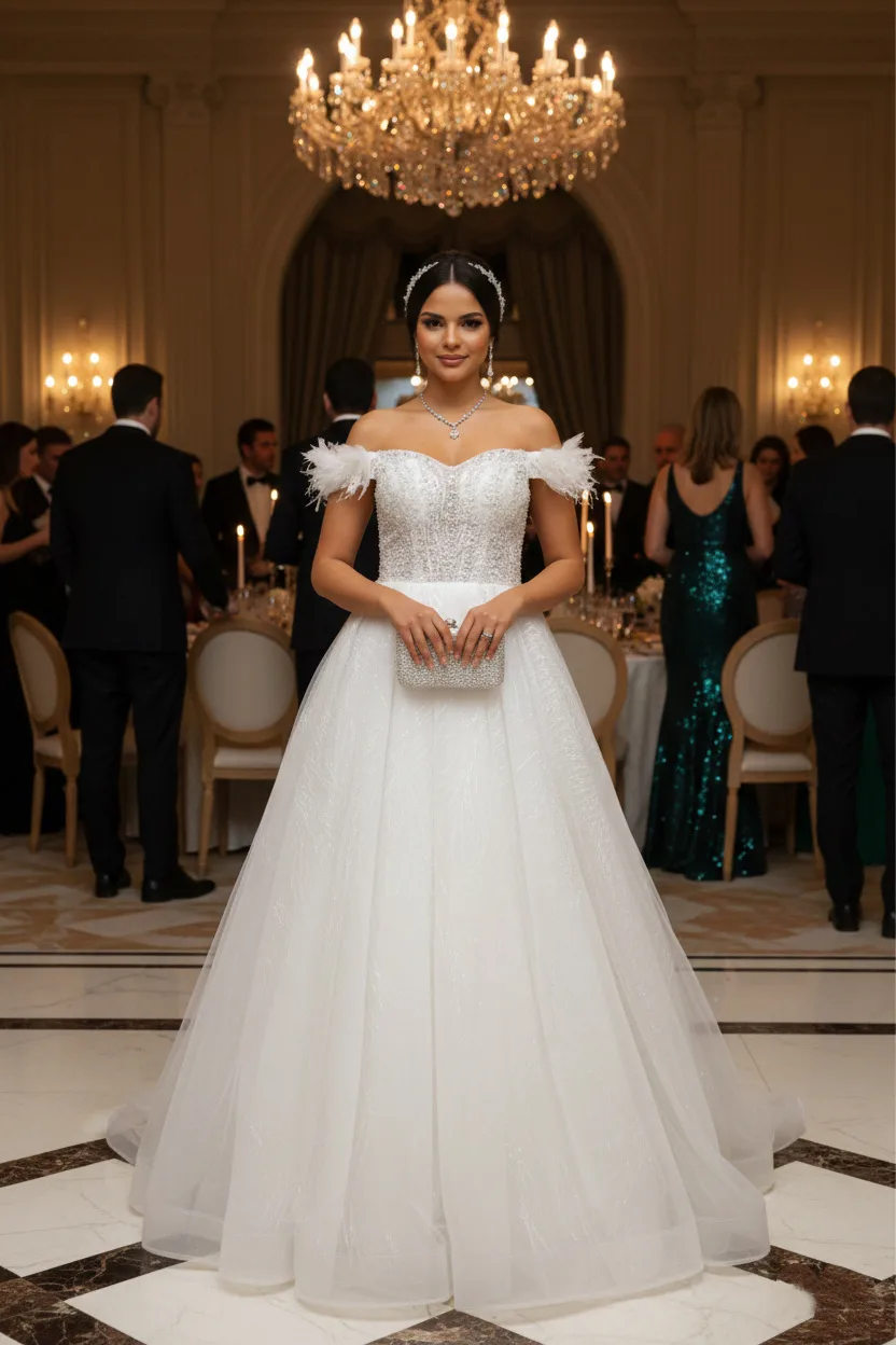 Robe de mariée princesse à bustier perlé et manches tombantes en plumes