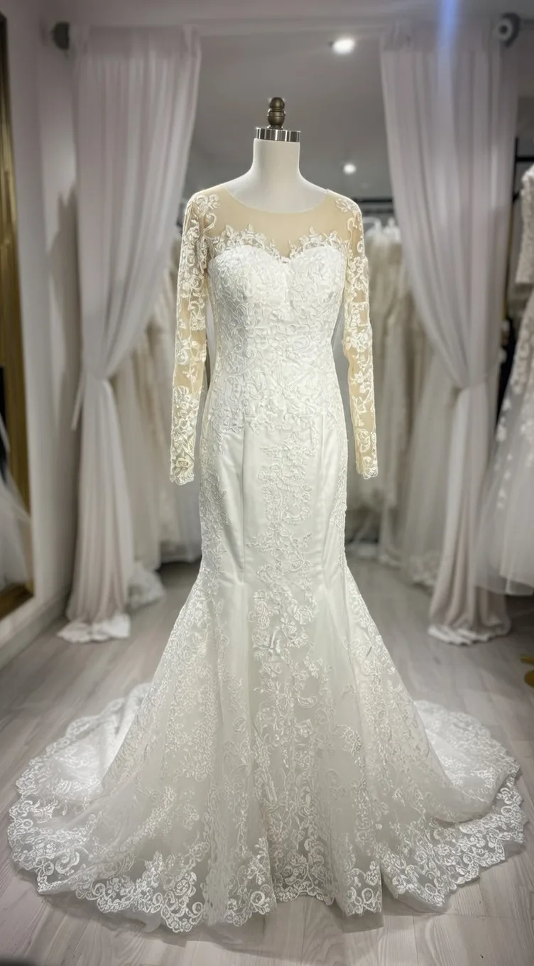 Robe de mariée sirène en dentelle raffinée à manches longues illusion