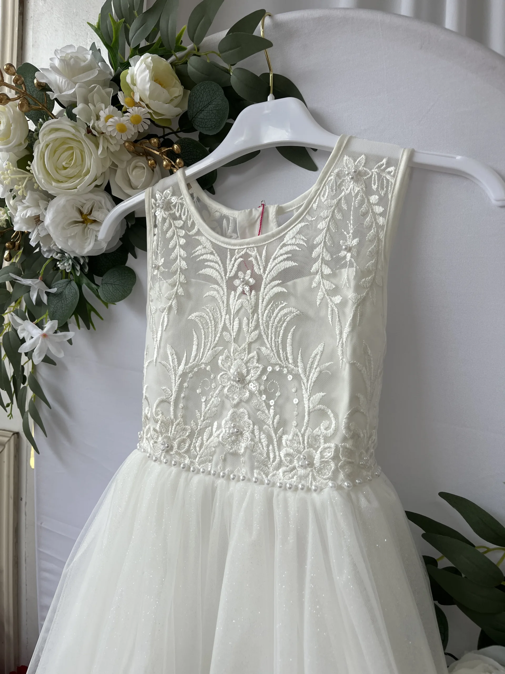 Fille - robe de cérémonie blanche en dentelle avec traîne – Image 2