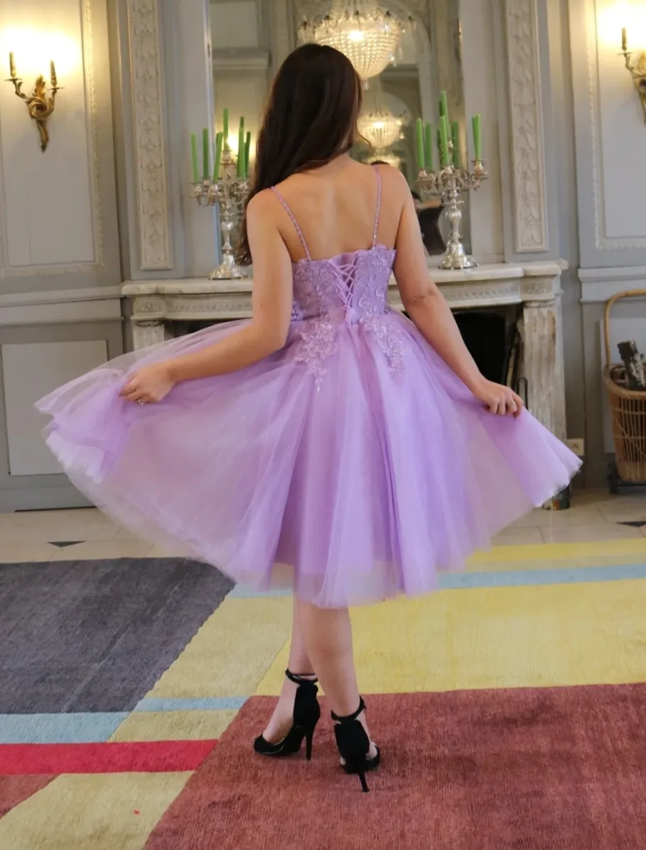 Robe de cérémonie courte style princesse en tulle et dentelle – Image 3