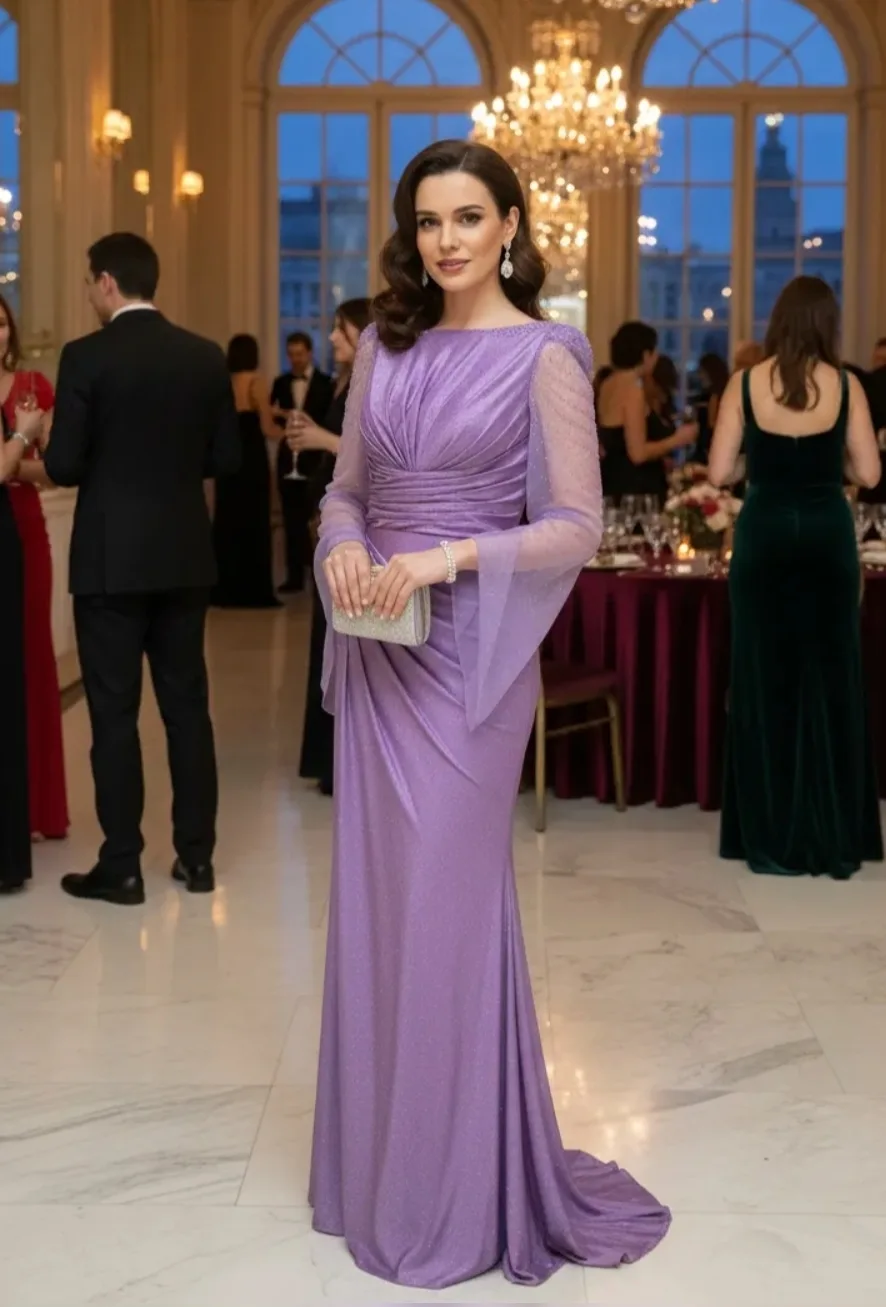 Robe de soirée longue élégante avec manches fluides et drapé raffiné – Image 3
