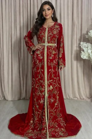caftan rouge bordeaux création broderie dorée