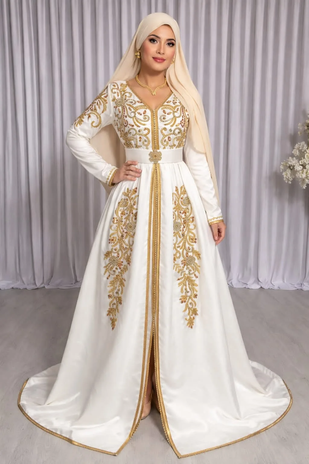 Caftan Blanc aux Broderies Dorées