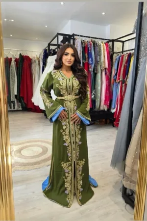 caftan sirène vert broderie dorées