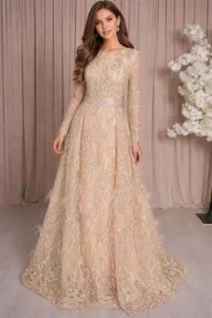 robe de soirée beige grande taille strass et plume