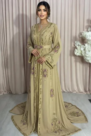 Takchita 2 pièces - Traditionnelle Moderne Beige Sablé à Traîne Élégante